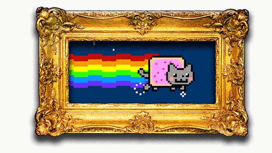 Кошка с телом Poptart, известная как Nyan Cat как обрамленный NFT Кошка с телом Poptar