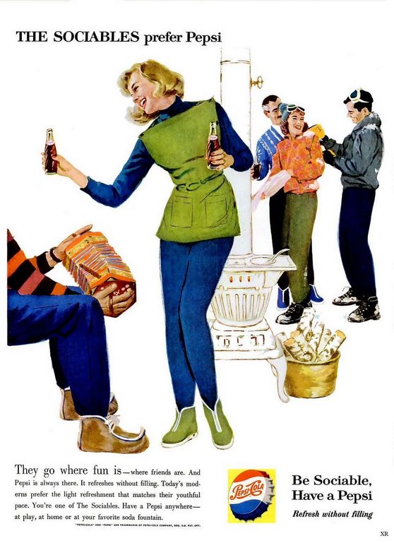 Реклама Pepsi-Cola 1950-х годов, показывающая группу людей, наслаждающихся Pepsi во время отдыха в лыжном домике 1 Реклама Pepsi-Cola 1950-х годов, показывающая группу людей, наслаждающихся Pepsi во время отдыха в лыжном домике