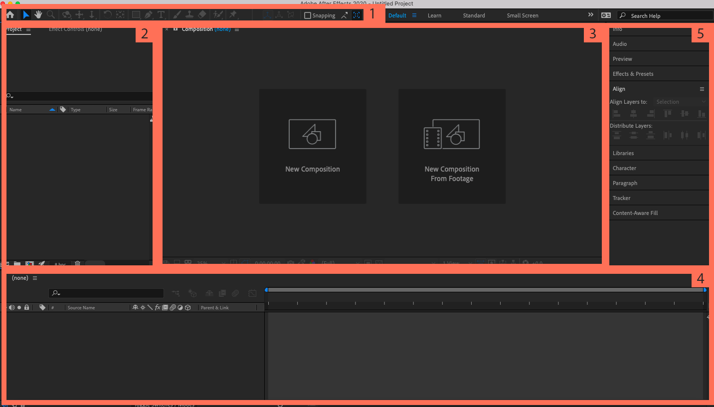 Snímek obrazovky rozhraní Adobe After Effects s označenými sekcemi Animace loga Adobe After Effects
