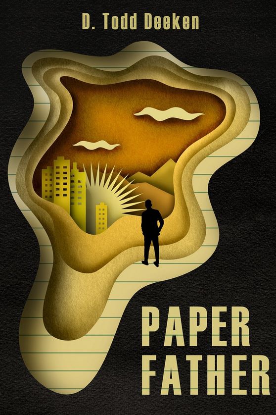 Пример тенденций на обложке книги: черная обложка книги с желтым вырезанным из бумаги изображением человека, смотрящего в пейзаж Пример тенденций на обложке книги: черная обложка книги с желтым вырезанным из бумаги изображением человека, смотрящего в пейзаж