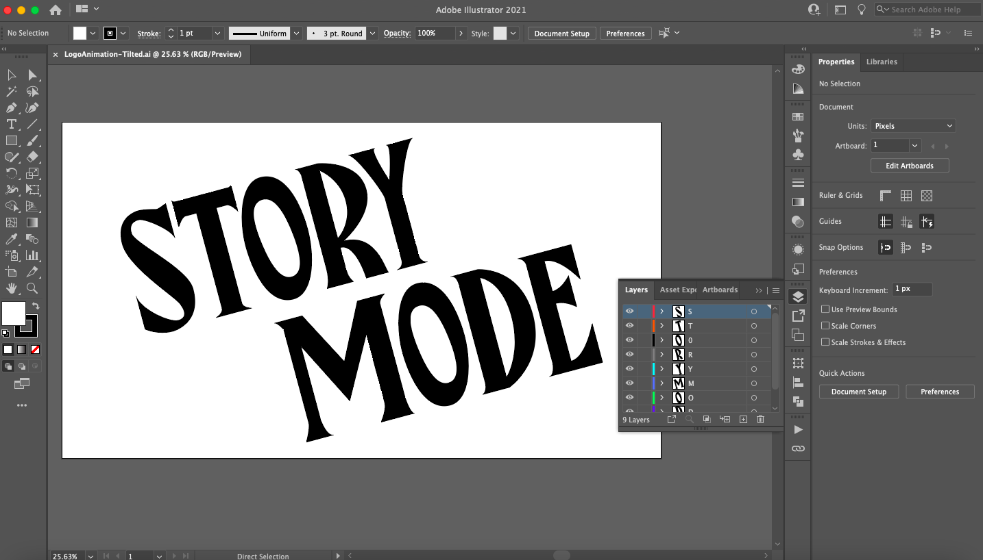 Snímek obrazovky Adobe Illustrator s logem uvnitř animace loga. Snímek obrazovky Adobe Illustrator s logem uvnitř animace loga.